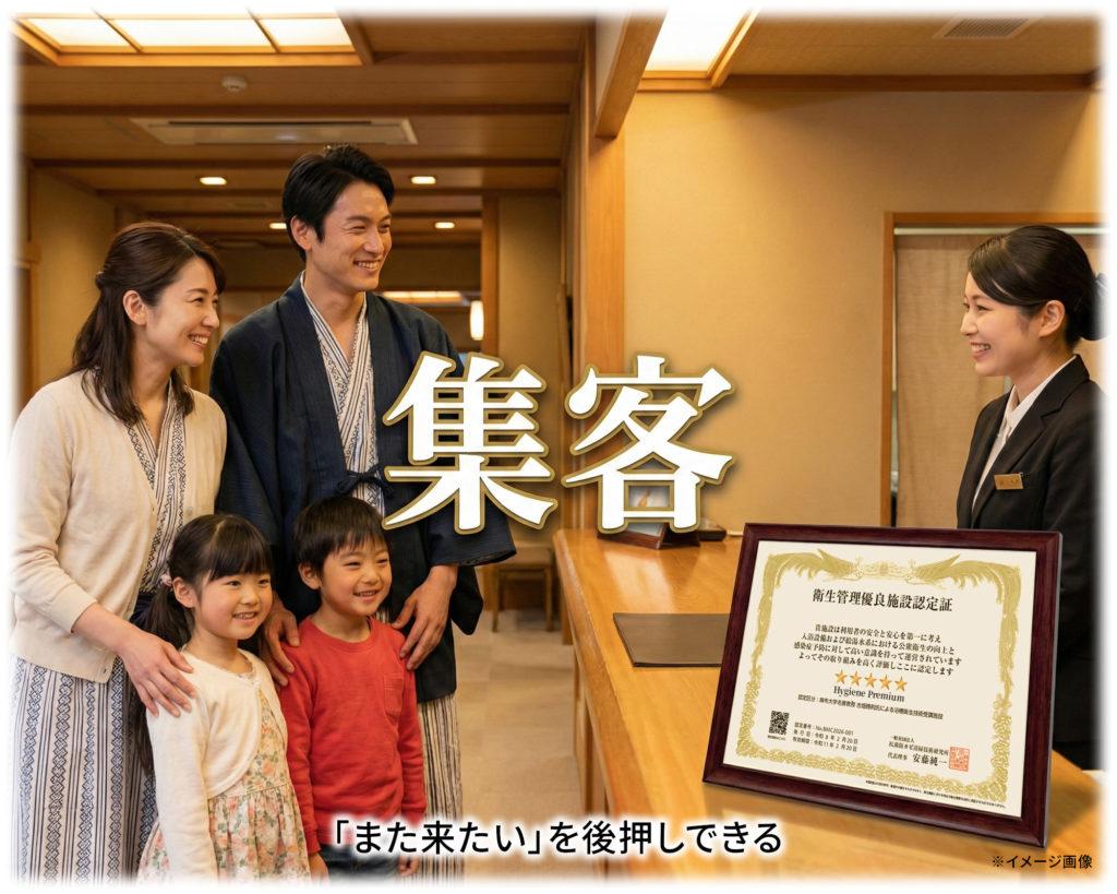 認定制度のメリット1：星の認定証が見えない清潔の努力を視覚的に伝え、「綺麗だった」という利用者の感想を「また来たい」という確信に変える効果。