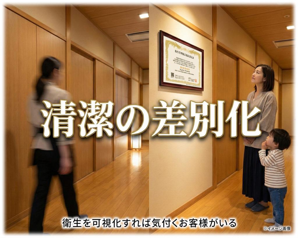 認定制度のメリット3：高額な設備投資をせずに、スタッフの衛生意識と認定証を活用して小規模施設でも独自性を出せる差別化戦略。