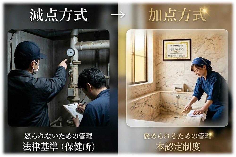 完璧を求める減点法ではなく、衛生管理を学ぼうとする施設管理者の意欲を評価する加点法を採用した認定制度の仕組み。