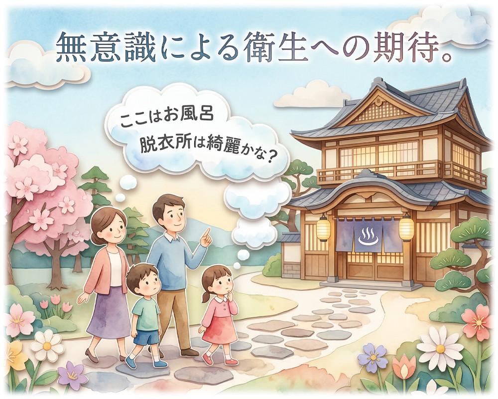 お客様が旅館やホテルを利用する際、脱衣所やお風呂が清潔かどうかを無意識にチェックし、期待している心理イメージ。