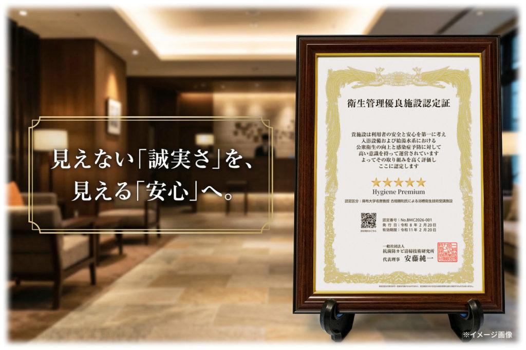 高級木製額縁に入った衛生管理優良施設認定証（5つ星 Hygiene Premium）。日本人のみならず外国人観光客にも安心を伝えるデザイン。