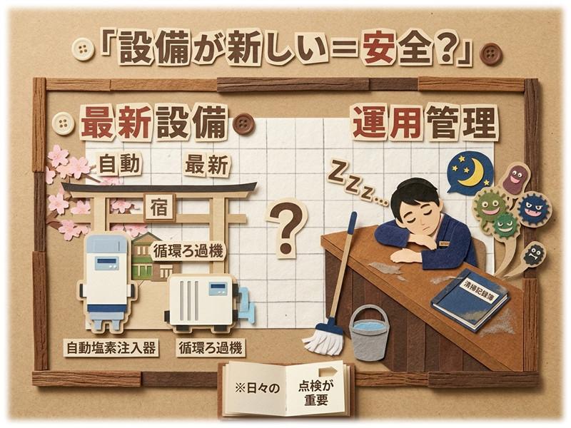 最新の自動塩素注入器や循環ろ過機を導入した新しい入浴施設でも、運用次第で集団感染が多発している事実の解説。