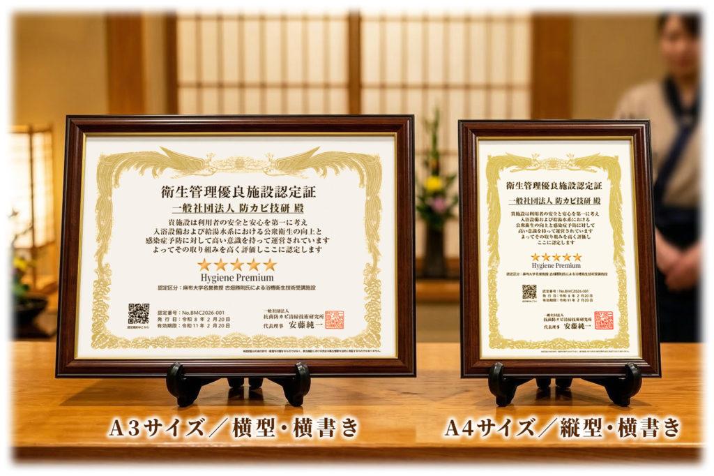 A3サイズまたはA4サイズの額縁に入った、衛生管理優良施設認定証の実物ディスプレイイメージ。