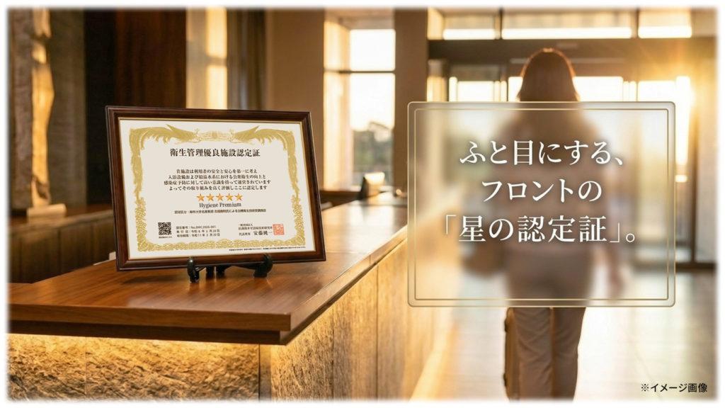 脱衣所や休憩スペース、お会計時のフロントなど、認定証を飾ることでリピーター獲得に繋がる設置場所の解説。