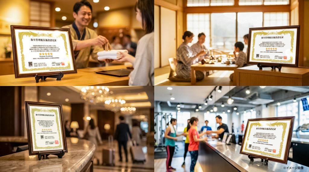 高級木製額縁と額立てがセットになった、衛生管理優良施設認定証のディスプレイイメージ。フロントやお食事処での掲示に適しています。